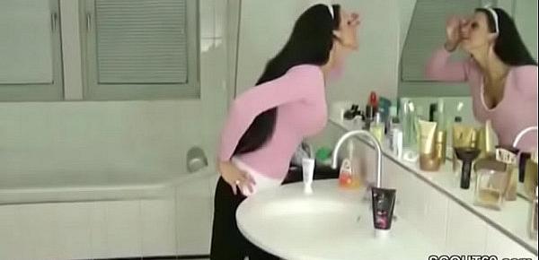  German Step-Sister Caught in Bathroom and Helps with Handjob